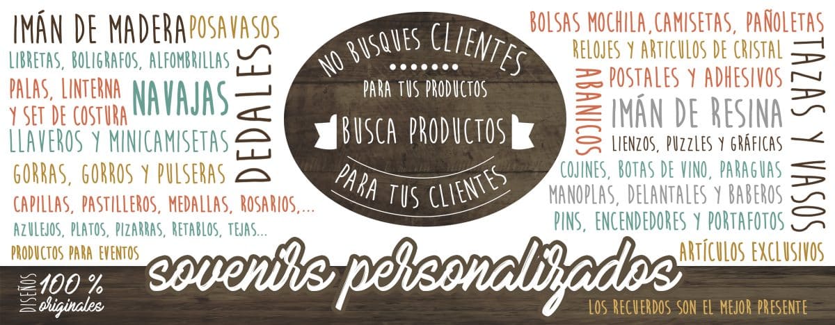 Mural con los tipos de souvenirs personalizados que fabricamos